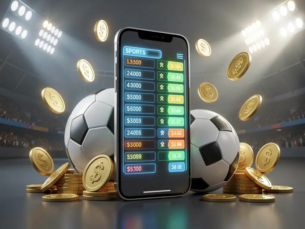 89990k modern football betting visual with smartphone displaying glowing sports odds interface, soccer ball, golden coins, and stadium lights in premium 3D illustration