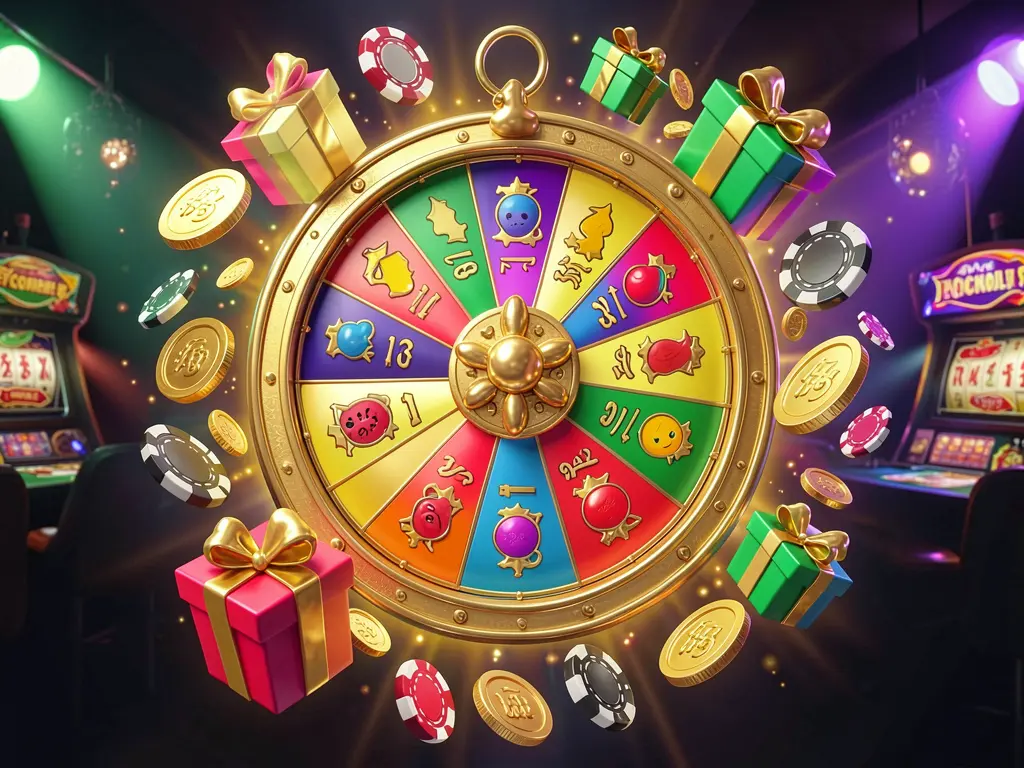 89990k online casino bonus wheel with colorful prize wheel surrounded by golden coins, chips, and gift boxes, glowing casino lights creating an exciting jackpot atmosphere on a dark background