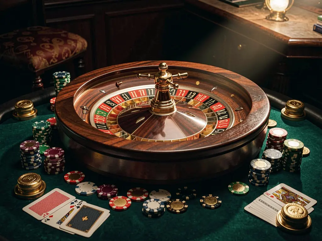 89990k classic casino scene featuring a spinning roulette wheel, scattered chips, playing cards, and coins on a table with an elegant dark background and cinematic lighting