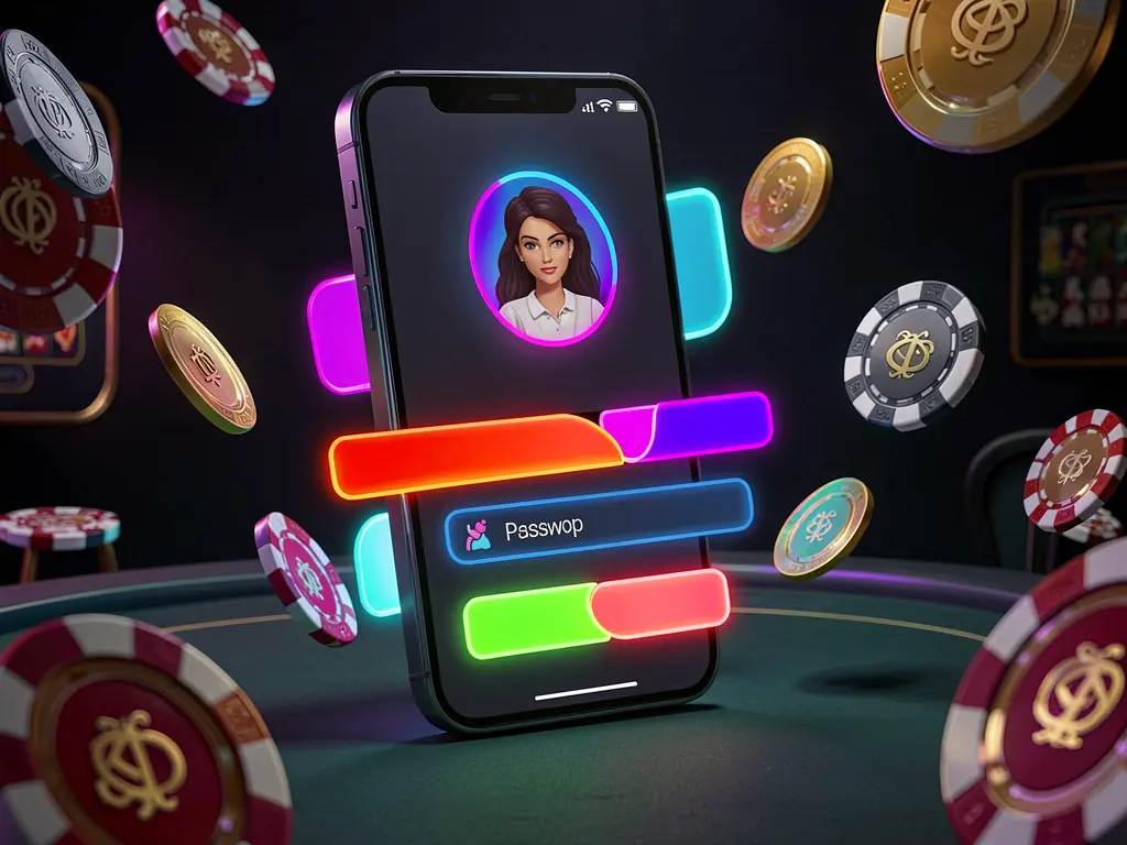 89990k mobile casino login screen on phone with abstract UI shapes for user profile and password fields, neon glow, flying chips and coins in a dark premium casino atmosphere